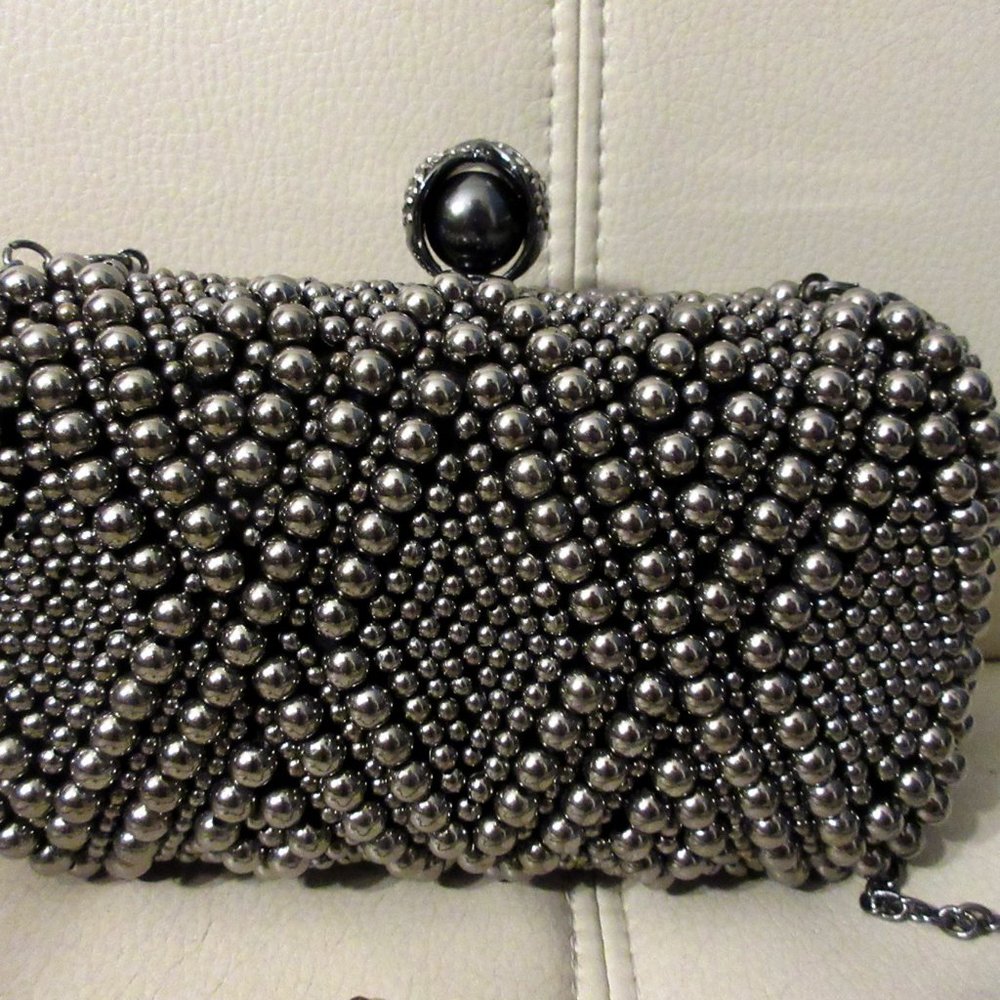Silver/Gunmetal beaded metallic clutch with chain